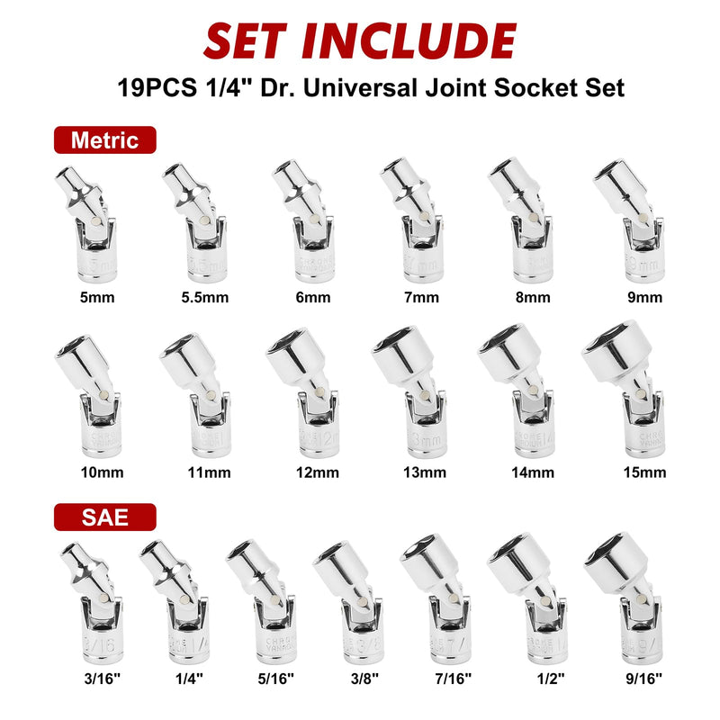 CASOMAN 19PCS 1/4" Drive Universal Joint Socket Set, Metric(5mm to 15mm) & SAE(3/16" to 9/16"), Flexible Wobble Sockets for Easier Access to Tight Spaces, 6-Point, Cr-V 1/4"Dr. Metric & SAE