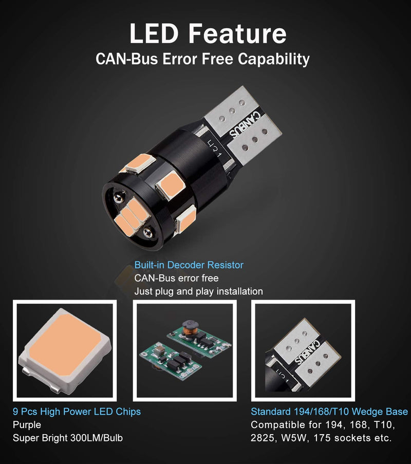 300LM Extremely Bright Canbus Error Free 194 168 2825 W5W T10 LED Bulbs Purple 9-SMD 2835 Chipsets for Dome Map Door Courtesy License Plate Lights(Pack of 4)
