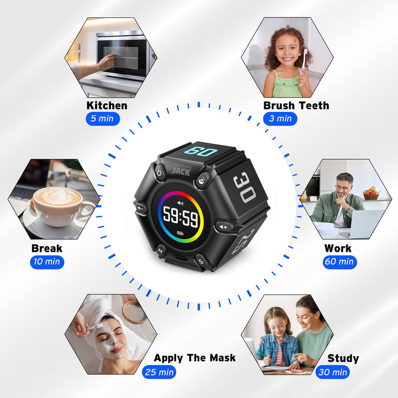 Jack Pomodoro Timer - Productivity Cube, Visual Focus Timer, Mute & Vibration & Adjustable Sound Alert, for Office, ADHD, Study, Work, 3/5/10/25/30/60min & Custom Countdown - Black Real Black