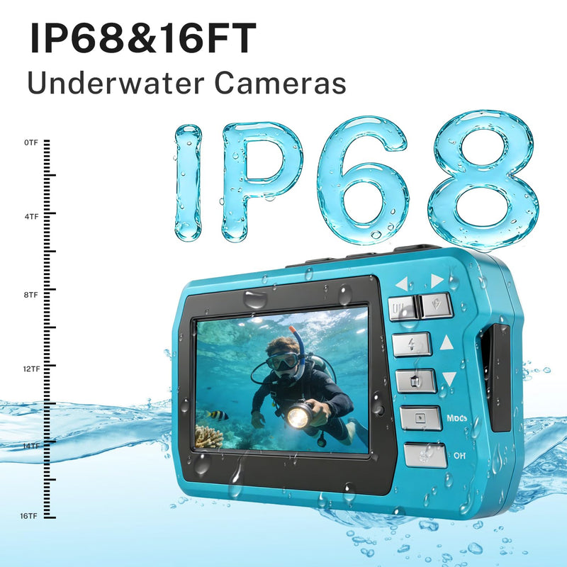 Underwater Camera 4K 48MP, Dual-Screen Waterproof Digital Camera, 10.83FT Dive for Swimming Travel, 16X Zoom Fill Light, 32GB Card, Blue