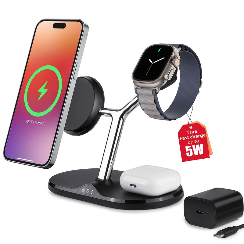 3-in-1 Wireless Charging Station with MagSafe - 5W Fast Charging for Apple Watch, Compact Foldable Charger Stand for iPhone 12-15 Series & AirPods, Smart Indicator, Power Adapter Included Black Included adapter