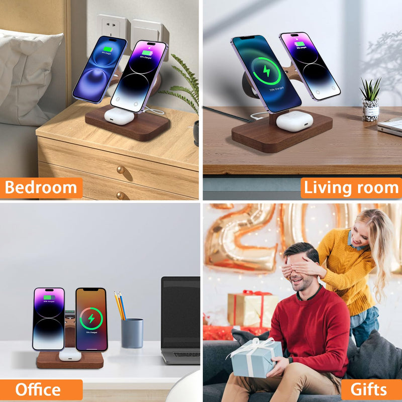 3 in 1 Wireless Charging Station for Apple Devices 24W Dual Phone Charging Station for 2 iPhone 17 16 15 14 13 12 Series iWatch 11 10 9 8 7 6 5 4 AirPod Magnetic Wireless Phone Charger Stand With Apple watch charger