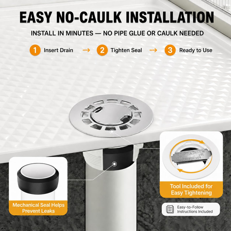 No-Caulk 2 Inch Shower Drain Kit with Lift-Out Hair Catcher for Shower Pan, Round Shower Floor Drain with 4-1/4" 304 Stainless Steel Grid Strainer Cover, for Bathroom