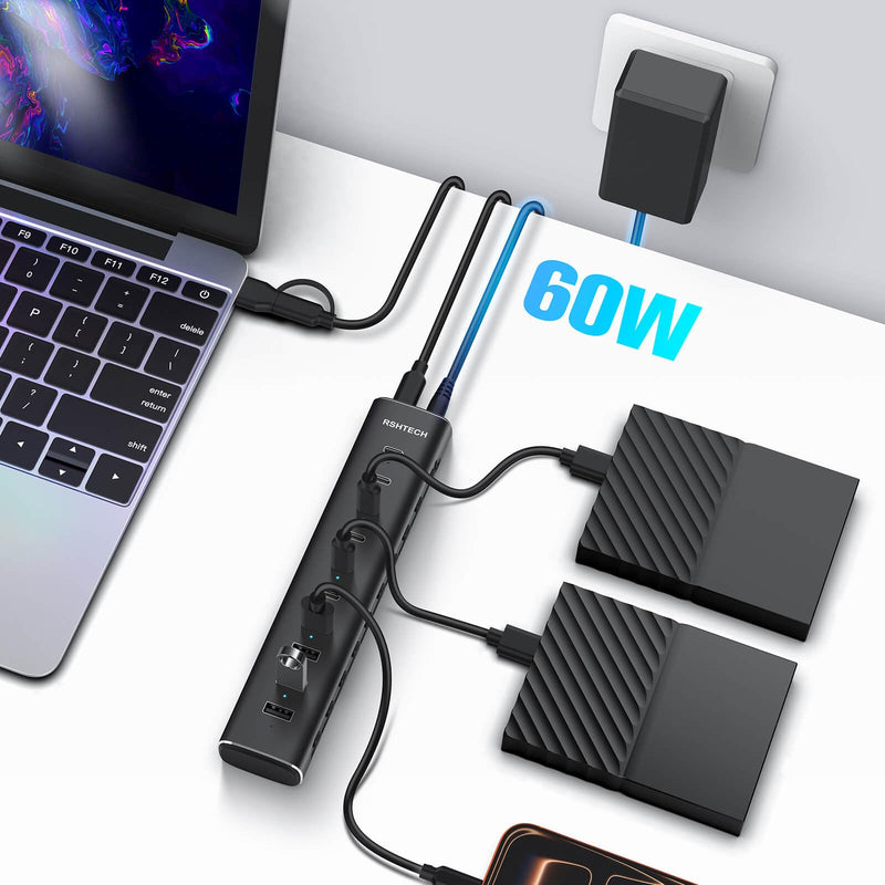 RSHTECH 10-Port Powered USB C 3.2 Hub 60W with 10Gbps USB 3.2 Ports(6C+4A) | Individual ON/OFF Switches, 3.3ft Detachable Cable, Aluminum USB Extender Hub for Laptop PC, RSH-H10C6