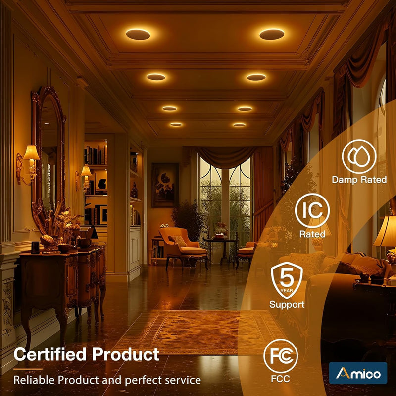 Amico 2 Pack 6 Inch 5CCT LED Recessed Ceiling Light with Night Light, 2700K/3000K/3500K/4000K/5000K Selectable Ultra-Thin Lighting, 12W=110W, 1100LM, Dimmable Canless Wafer Downlight ETL&FCC 6 Inch-White