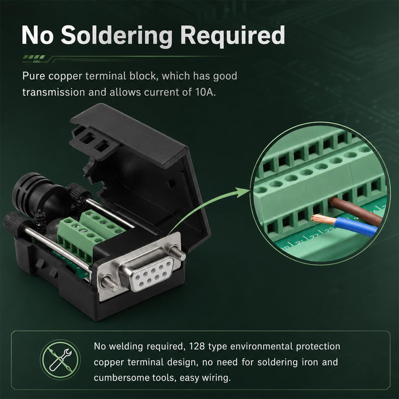 2PCS DB9 Female Breakout Connector, Solderless RS232 Serial Adapter with Screw Terminals, D-SUB 9-Pin Port to Terminal Block Module Board for Serial Devices (Black)