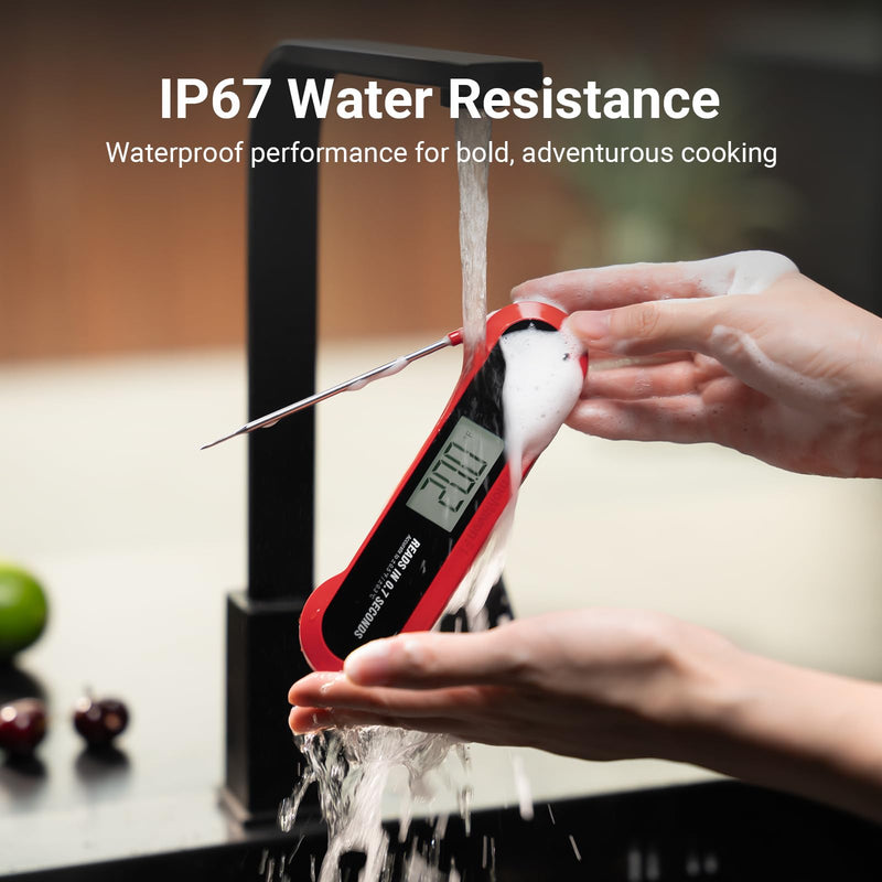 0.7 Seconds Instant Read Meat Thermometer Digital for Cooking with Ambidextrous Backlit & IP67 Waterproof, Magnetic ThermoMaven F1 Food Probe for Kitchen, Outdoor Grilling, BBQ Smoker Red & Whiteker