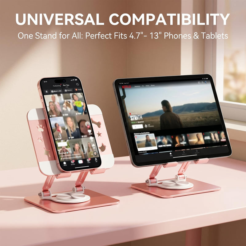 Cute Cat Paw Carbon Steel Tablet Phone Stand, 360 Rotating Heavy Duty Tablet Holder, Foldable Adjustable Stand Compatible with 4.7-13" iPhone, iPad Pro Air Mini, Kindle, Android Tablets (Pink) Pink