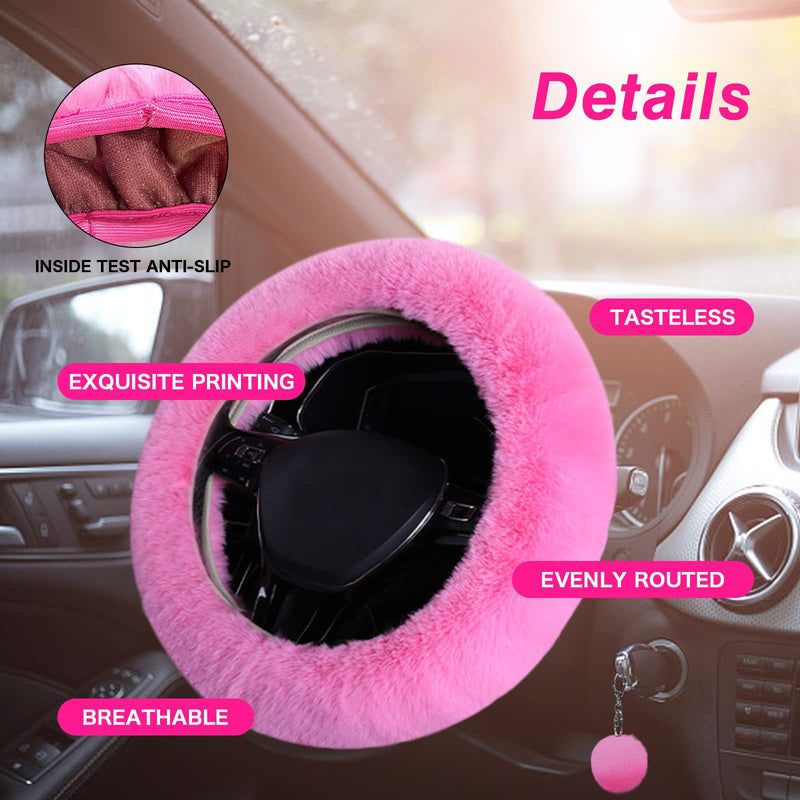 7PCS Set car Interior Aesthetic Accessories, Fluffy 15 inch Steering Wheel Cover, armrest pad, seat Belt Cover,Gear Shift Cover, Fit Girly car Accessories for Women. Pink