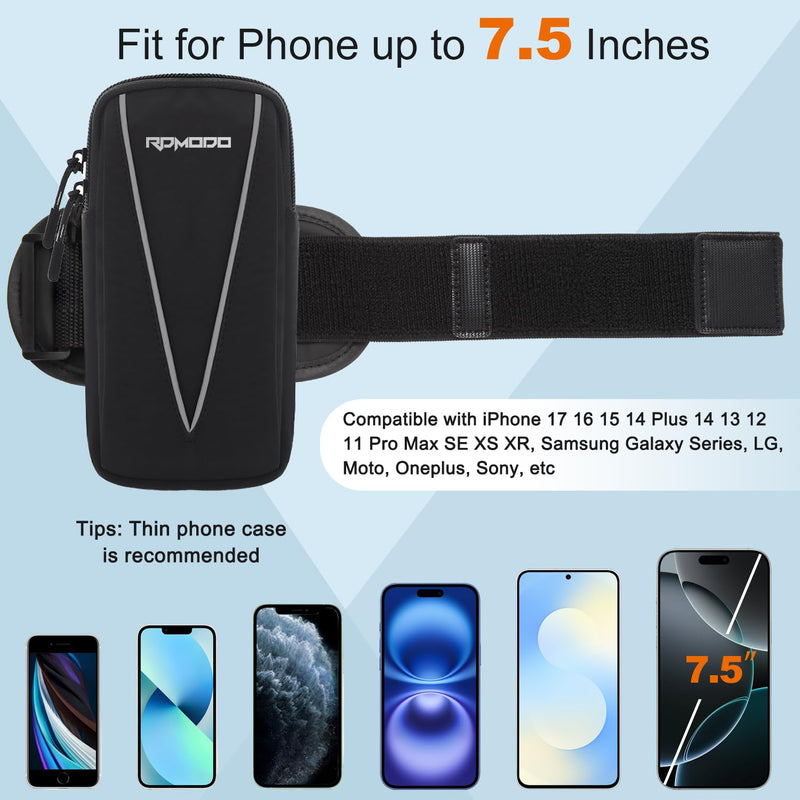 Phone Holder for Running Women Men, Large Capacity Armband 7.5” Blk | Water Resistant Phone Arm Bands for Running Walking, Adjustable Cell Phone Holder for iPhone 17 16 15 Samsung Galaxy S26 S25 01 - Black