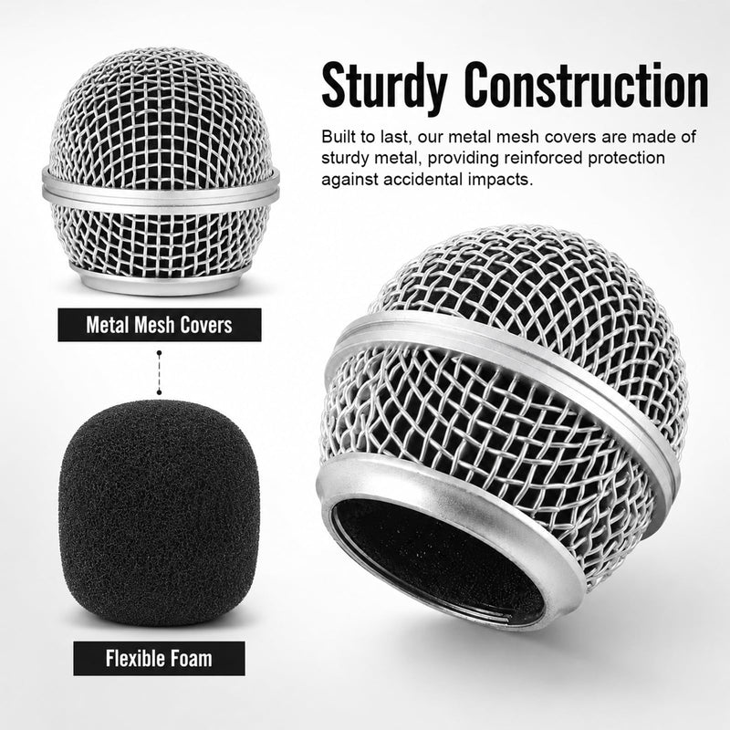 Microphone Head Replacement, Silver, 4 Pack with Black Inner Covers | Microphone Mesh Grill, Compatible with SM58, For Studio and Live Performances