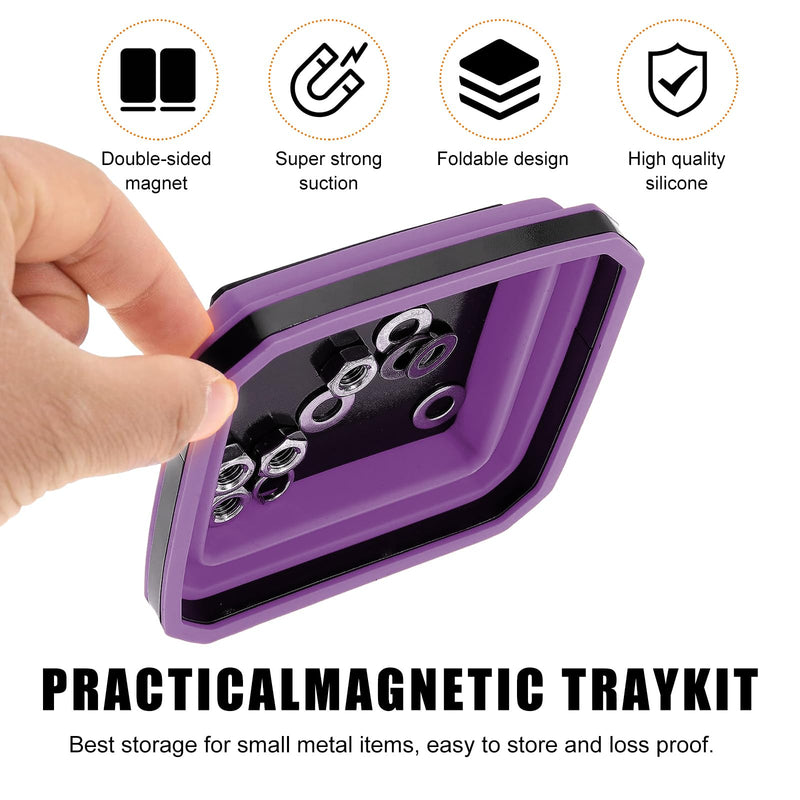 Collapsible Magnetic Parts Tray, 4.5 Inch Foldable Magnetic Square Silicone Tray, Tool Tray Set with Double-Sided Magnetic Base for Screw Bolts Nuts Pins, Car Accessories (Purple) Purple, 1 PCS