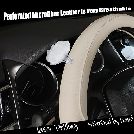  [AUSTRALIA] - Steering Wheel Cover Universal Standard Size 14.5-15 inch, Breathable Microfiber Leather, Anti-Slip, Soft Grip, Fits Most Cars SUVs Trucks, Cream White Beige