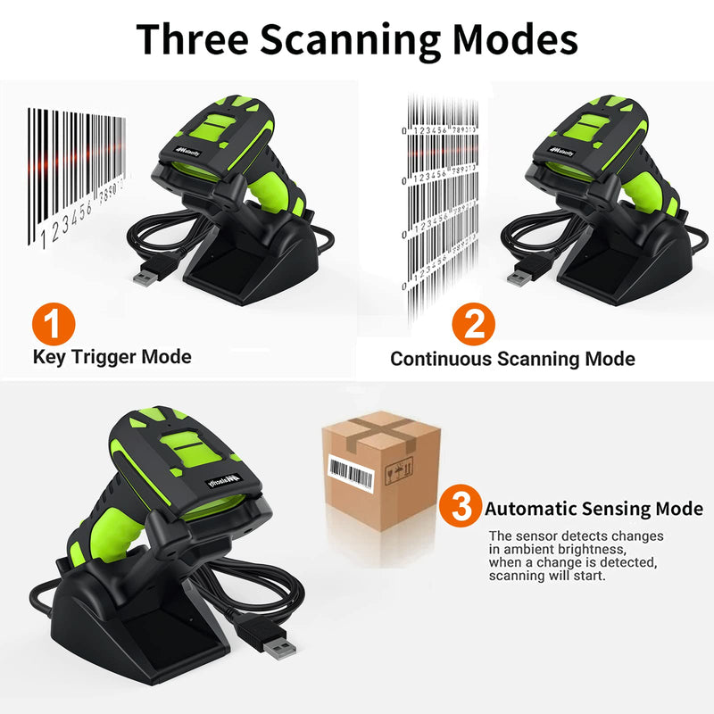 Alacrity 2D Industrial Wireless Barcode Scanner with Charging Stand, Bluetooth Drop Resistant, 1968 Feet Transmission Distance 433Mhz QR 1D Bar Code Reader Green