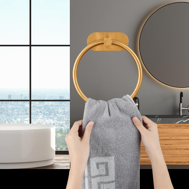 Self Adhesive Towel Ring and Toilet Paper Holder, No Drilling Stainless Steel Bathroom Hardware Set, Sturdy Bathroom Accessories for Home or Kitchen, Wall Mounted (Gold) Brushed Gold