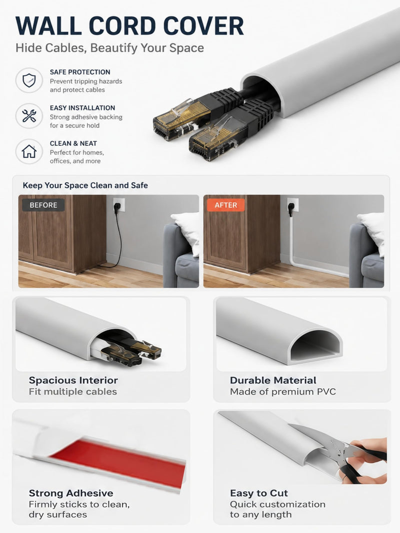 2m Soft PVC Cord Cover, Low Profile Floor Cable Channel, Cuttable Surface Mount Wire Duct for Home Office Wire Management White