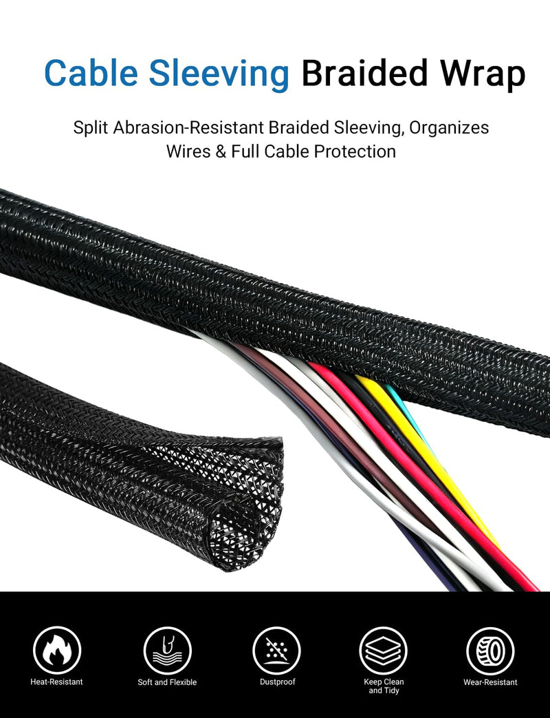 Braided Wire Loom Tubing, 25FT 1/2Inch Self-Wrapping Cable Sleeve | Cable Sleeves Cord Management, Flexible Cable Management Sleeve, Cold and Heat-Resistant, for Automotive Engine, Home Theater 1/2"