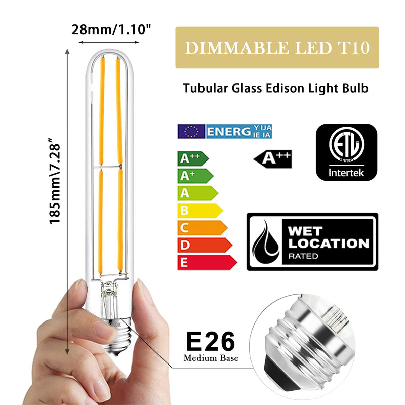 7.3 Inch E26 Led Bulb 6W Dimmable, 2700k Soft White Edison Bulbs 800LM, Equal 80 Watt Tubular T10 T9 Long Clear Glass Light Bulb for Rustic Pendant Pipe Wall Sconces Chandeliers - 4Pack 7.3 Inch 6W (4 Count)