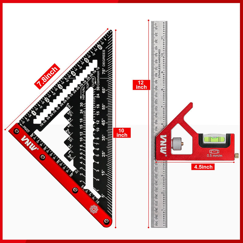 VNW 7inch Rafter Square and 12inch Combination Square Set -CNC-Machined Aluminum Alloy,Heavy Duty Carpenter Square for Woodworking and Home DIY