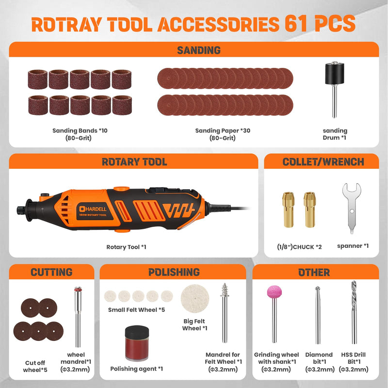 HARDELL 180W Corded Rotary Tool Kit, 8000-35000 RPM 61 Accessories for DIY | Powerful 180W Rotary Tool Kit for Cutting, Sanding, Grinding, Polishing, Engraving & Drilling Orange