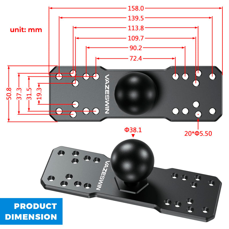 VAZESWIN 1.5" Ball Aluminum Alloy Fish Finder Mount, AMPS Rectangular Plate | for RAM Mounts C Size 1.5" Ball Double Socket Arm, Universal Marine Electronic Mounting Plate for Garmin/Lowrance/Humminbird