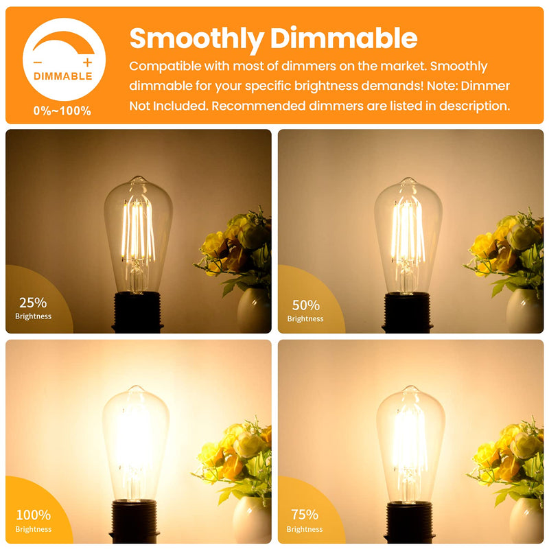 Vintage LED Dimmable Edison Light Bulbs 100W Incandescent Equivalent, 8W 1200Lumens, E26 Base LED Filament Bulb, 2700K Warm White, ST64/ST21 Antique Clear Glass for Home, Reading, Bathroom, 4-Pack Clear Warm White