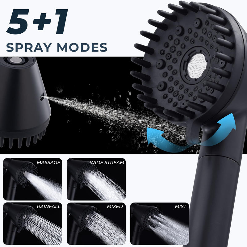 Ryamen 2026 Magnetic Filtered Shower Head with Handheld– High Pressure Showerhead with Power Wash Mode, Chlorine Removal, Massage Brush, Pressure Adjustable, One-Touch Pause (Matte Black)
