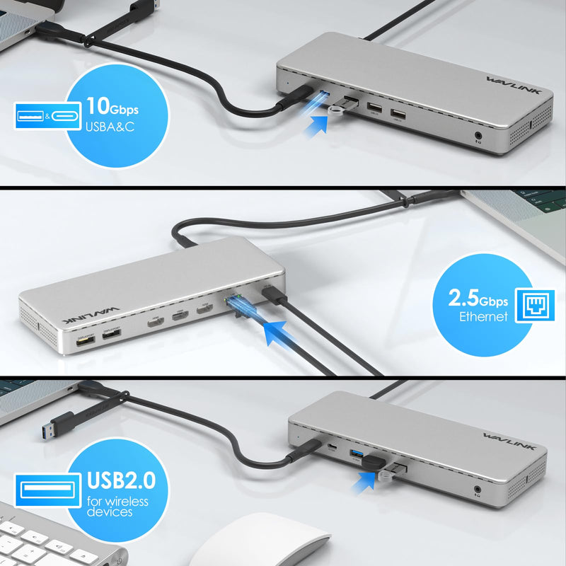 WAVLINK Laptop Docking Station, SM770 Dock,Triple HDMI, Dual DisplayPort | Triple 4K@60Hz, 100W PD in, USB-C/A 10Gb, 2.5G Ethernet, Compatible with macOS/Windows, Required SMI Driver & Host USB 3.2 UG77PD1(no charger)