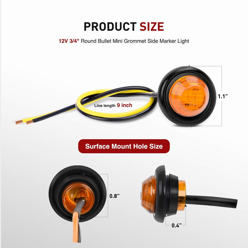Nilight TL-03 10 PCS 3/4” Round Clearance LED Front Rear Side Indicator Bullet Marker Light for Truck RV Car Bus Trailer Van Caravan Boat (12V, Amber) 10pcs Amber