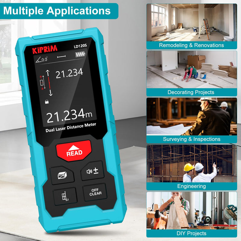 Kiprim 393ft Dual Laser Distance Measuring Tool LD120S, 120m Total Range, Electronic Level, Precise Measurements, and Pythagorean Function - Ideal for Construction, DIY, and Home Renovation 393ft(Dual Laser)