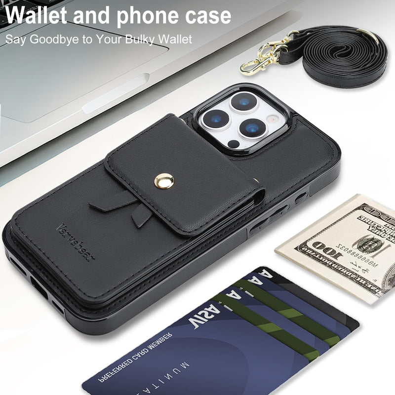 Compatible iPhone 16 Pro Max Wallet Case, RFID Blocking PU Leather Flip Phone Cover with Card Holder Slots, Kickstand, Crossbody Lanyard, Wrist Strap & Wristlet for Women, Black iPhone 16 Pro Max 6.9"