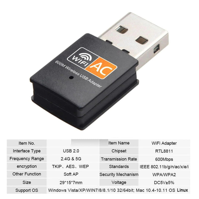 Dual Band 600Mbps Wireless-AC USB Mini Nano WiFi Adapter for PC Desktop, USB 2.0, Dark Gray