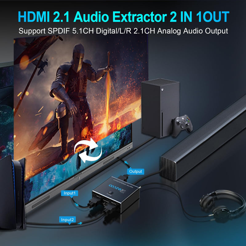 HDMI 2.1 Audio Extractor 4K 120Hz VRR ALLM HDCP2.3 HDR10 ARC Switch 2 in 1 Out Audio Converter- SPDIF 5.1CH Optical Toslink,Stereo Audio Breakout, Repeater Digital for PS 5, Xbox X NVIDIA AMD