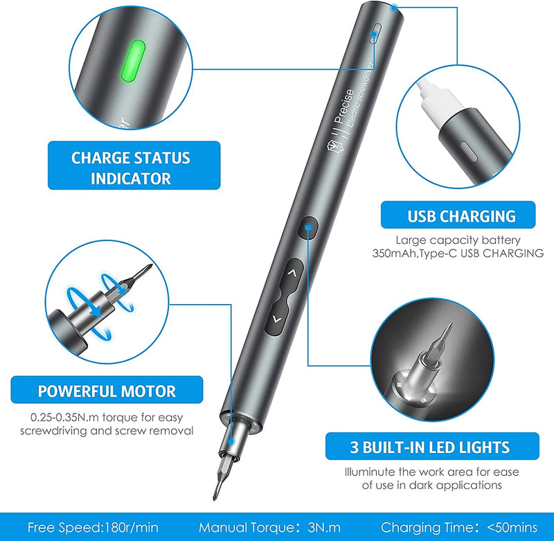 AMIR Electric Screwdriver 28-in-1 Cordless Mini Power Precision Screwdriver Set with 24 Bits, Rechargeable Repair Tool Kit for Phones Watch Laptops Silver