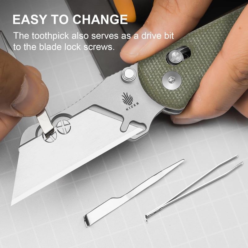 Kizer Uti Bear(New Dual-screw Version) Folding Utility Knife, Clutch Lock Box Cutter EDC Pocket knife with 5PCS Razor Blades, Pocket Knives with Pocket Clip for Men Women V3619JM1 Olive Green