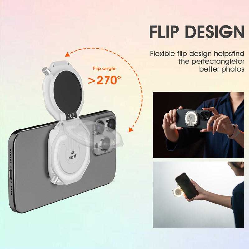 WUBEN E1 Selfie Light, USB-Rechargeable LED Phone Light with Magnetic, 3000-6000K Adjustable Color Temperature, Portable Phone Flashlight for Selfies, TikTok, Video, Vlogging (White) White