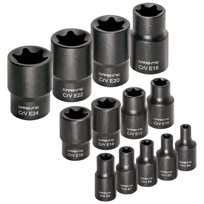 CARBYNE 13-Piece External Torx (eTorx, Female Torx) Socket Set, E4 to E24 | Chrome Vanadium Steel, 1/4, 3/8 & 1/2 inch Drive • From a Family-Run Tool Company Based in the U.S.A.