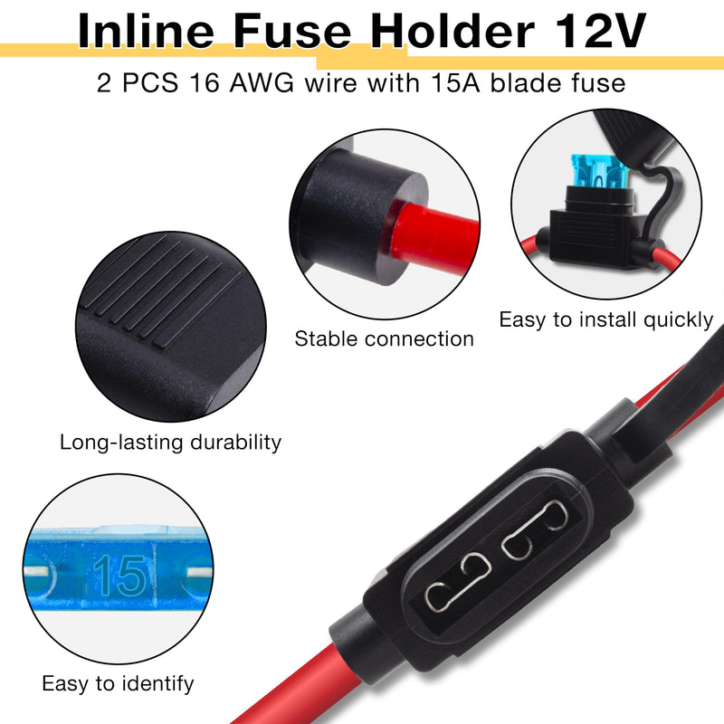 2 PCS Inline Fuse Holders 12V, 16 AWG Car Gauge Inline Fuses, Waterproof Fuse Holder with 15A ATC/ATO Standard Blade Fuses for Automotive, Marine, Golf Cart Lighting, Electrical Circuits 2 PCS 16AWG