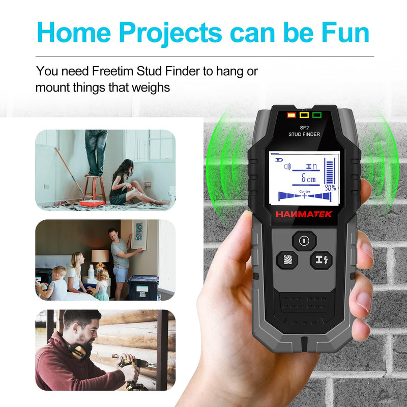 HANMATEK Stud Finder Wall Scanner - 5 in 1 Electronic Wall Wood Stud Finder,Audio Alarm and HD LCD Display with Updated Positioning Hole for Center and Edge of Wood AC Wire Metal Studs Joist Pipe Gray