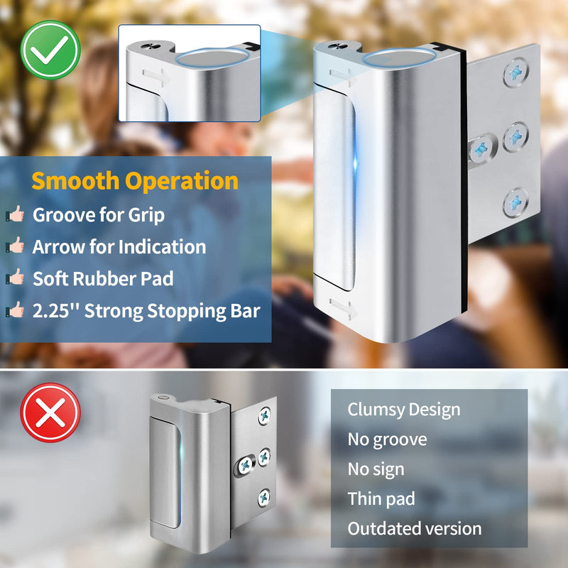 Home Security Door Reinforcement Lock Safety Latch Extra Front Doors Security Devices, Anti Door Kick in Safety Protector for Door Inside, Child Proof Aluminum Locks Silver 2Pack