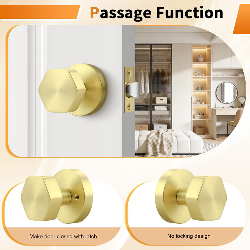 Probrico Brushed Brass Door Knobs, Gold Door Knob Interior, Hexagon Passage Door Knobs for Closet Hallway, 1 Pack