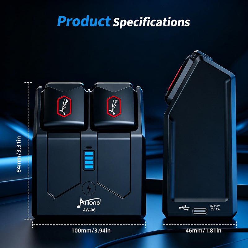 AITONE 5.8GHz Wireless Guitar System with Charging Case (AW-06) | 48kHz/24-Bit Transmitter and Receiver, <6ms Latency, 4 Channels, 65 ft Range, Up to 18H Total Playtime