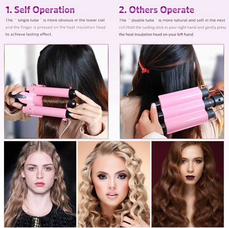  [AUSTRALIA] - 3 Barrel Hair Waver - 25MM Pink Hair Curling Iron with Dual Heat Settings & Temperature Control - Electric Crimper Wand for Big Waves & Curls