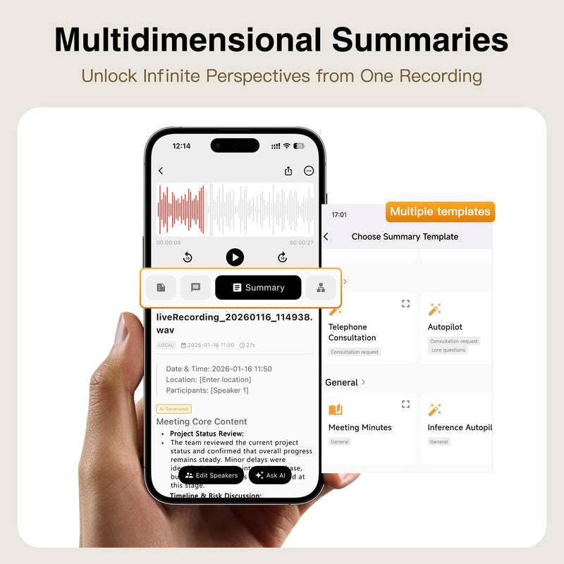 AI Voice Recorder with Transcribe & Summarize for Meetings, Study & Work | AI Note Taker for Productivity, 100+ Languages, 360° Magnetic Phone Stand, Edit Speakers, 1TB Cloud Multi-Device Sync Black