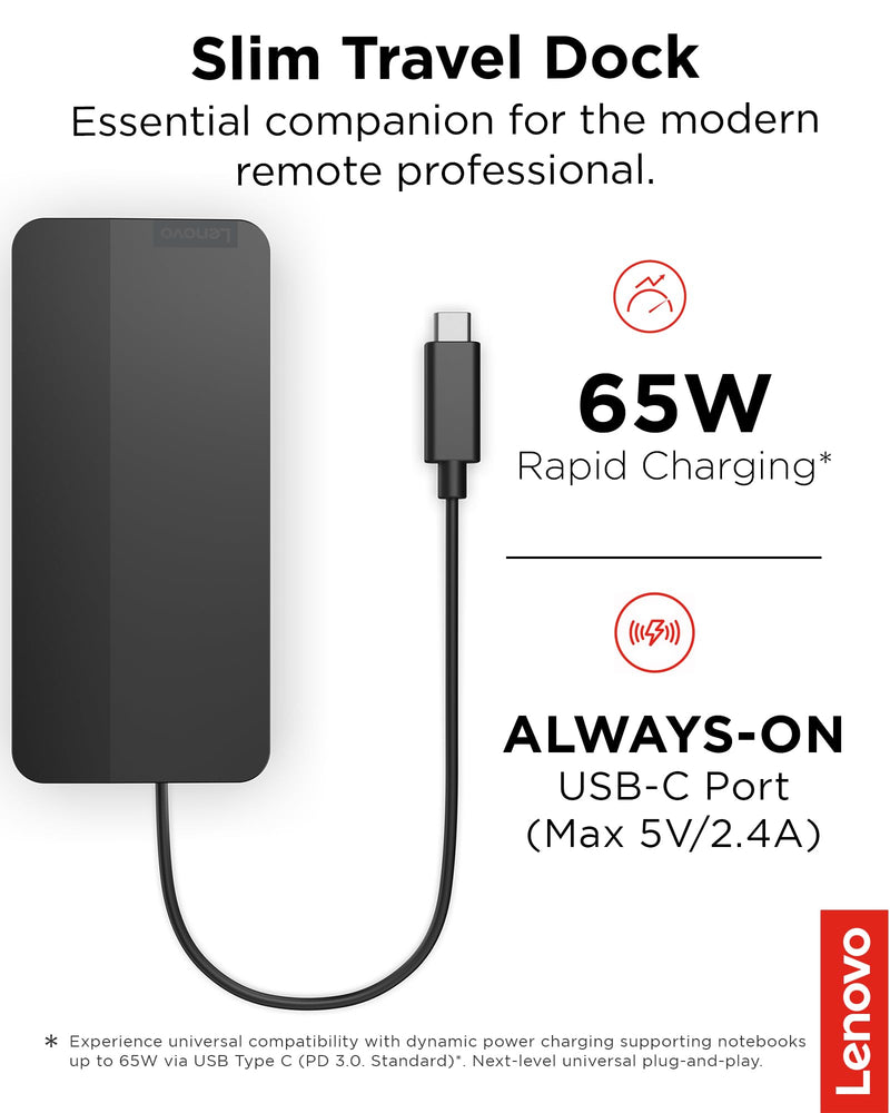 Lenovo USB-C Slim Travel Dock, 8 Ports, Up to 65W PD Pass Through, Integrated USB-C Cable, 4K Display Support, Black