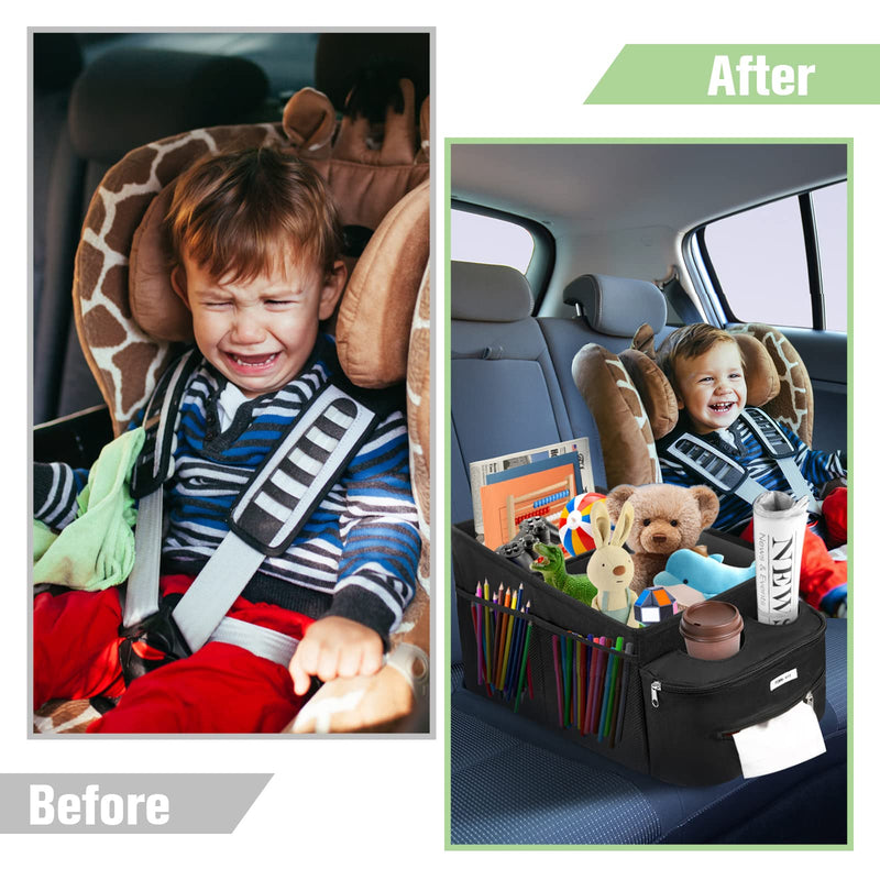 FUNNy elf Passenger Seat Organizer, Collapsible Car Storage with Partitions & 4 Cup Holders for Front or Back Seat Black