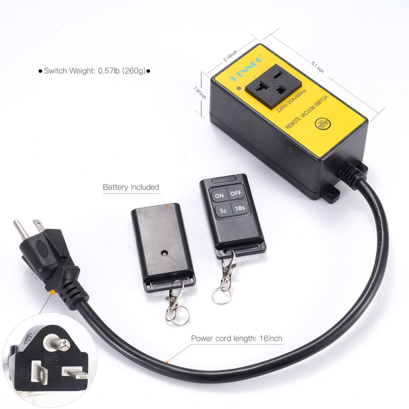 220V Automatic Remote Vacuum Switch, KTNNKG Wireless Outlet for High Power Dust Collector Tools, 5s/10s Delay Off Autoswitch,20A/60Hz/3600W