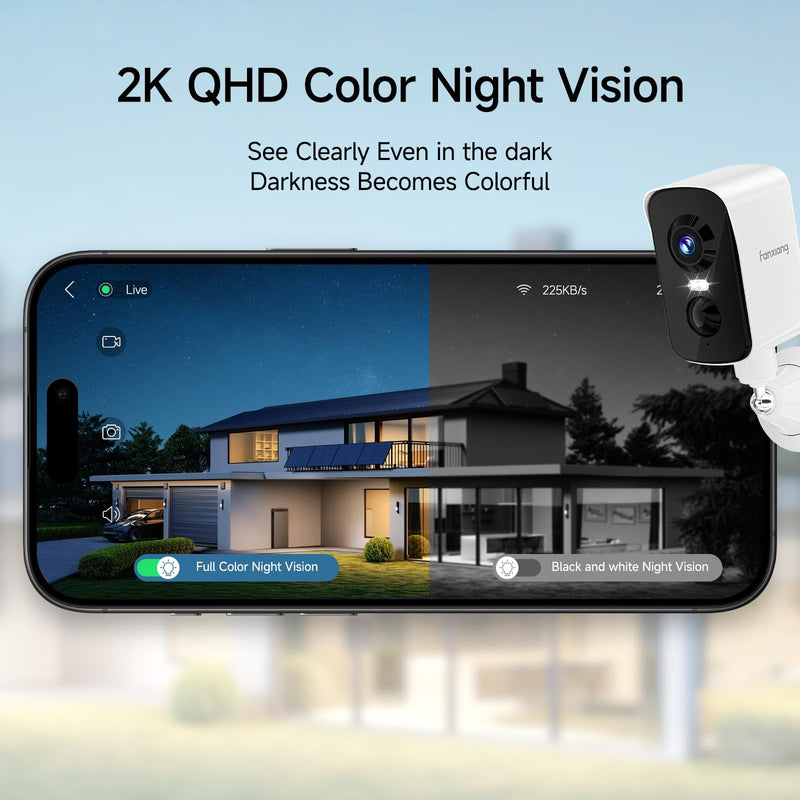 fanxiang 2K Wireless Security Camera Outdoor with Solar Panel & 64GB Card, Rechargeable Battery Camera Wireless WiFi, 300° Pan Rotating, PIR, Color Night Vision, AI Motion Detection, 2-Way Audio, IP65 Solar Battery Camera