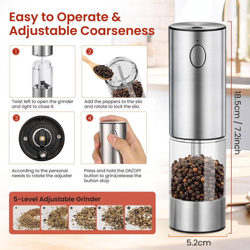 Electric Salt and Pepper Grinder Rechargeable with Light, Electric Salt and Pepper Shakers, Automatic & Adjustable Coarseness, Kitchen Gadgets, Stainless Steel Silver