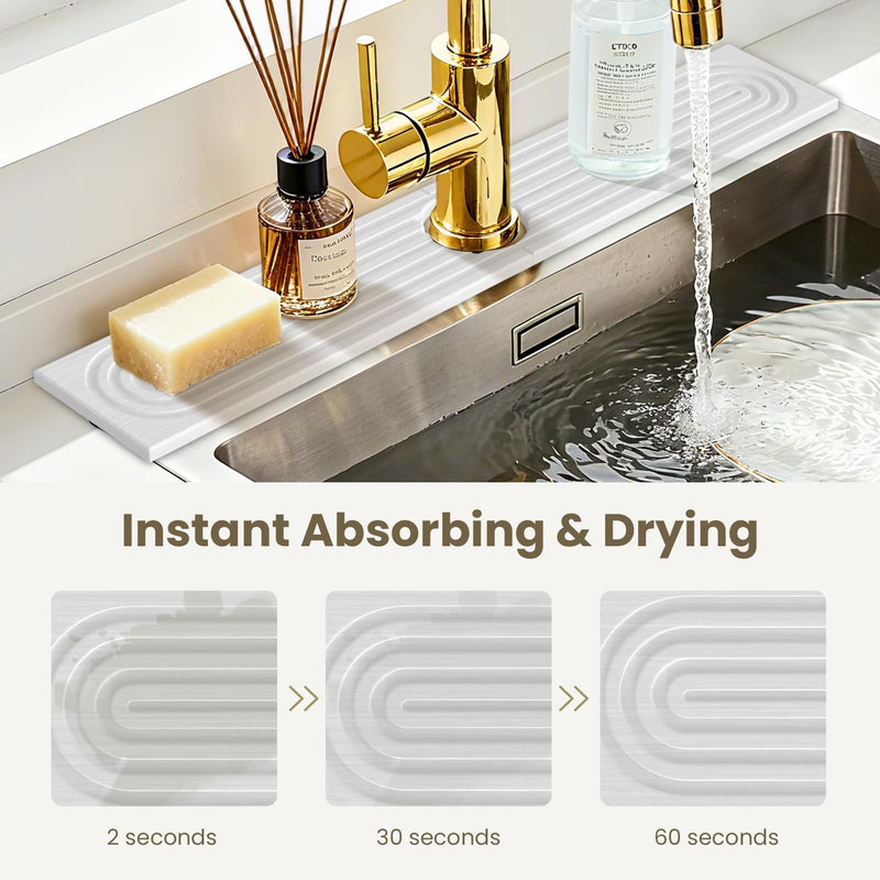 Premium Diatomite Stone Drying Mat for Kitchen Counter - Faucet Mat for Kitchen Sink, Sink Protector & Splash Guard, Quick-Dry Kitchen Sink Mat,Super Absorbent (White, 23.6" x 4") White